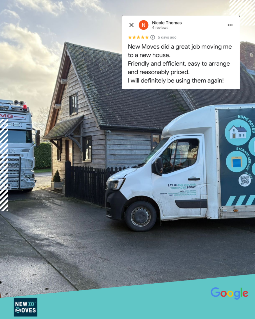 Screenshot of a 5-star Google review from a customer named Nicole Thomas reading: 'New Moves did a great job moving me to a new house. Friendly and efficient, easy to arrange and reasonably priced. I will definitely be using them again!' overlaid on a photo of a New Moves van outside a timber-framed cottage