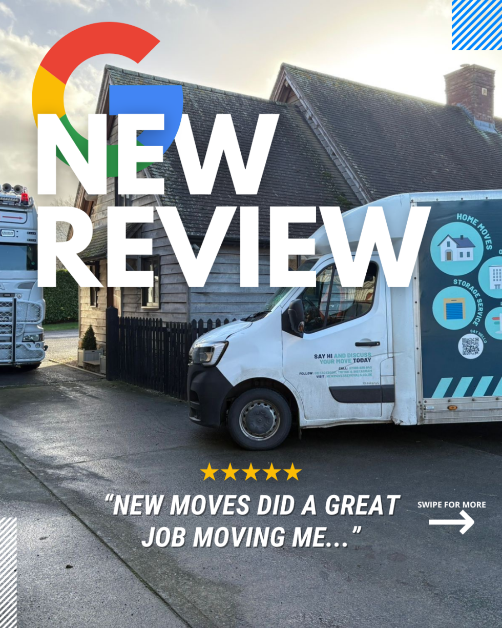 Social graphic with the Google 'G' logo and text 'New Review' over a photo of a New Moves removal van parked outside a timber-framed house, with a 5-star rating and a quote reading 'New Moves did a great job moving me...'