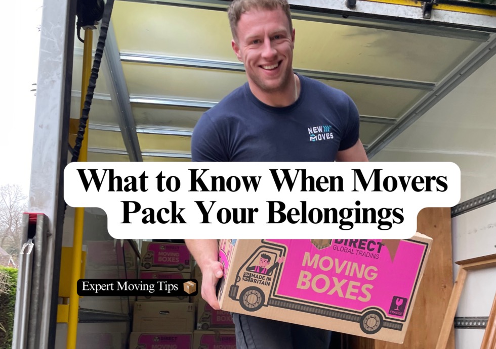 New Moves Removals team member holding a moving box beside a removal van