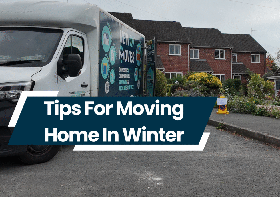 A New Moves Removals branded van parked on a residential street in front of red-brick houses, with text overlay 'Tips For Moving Home In Winter'