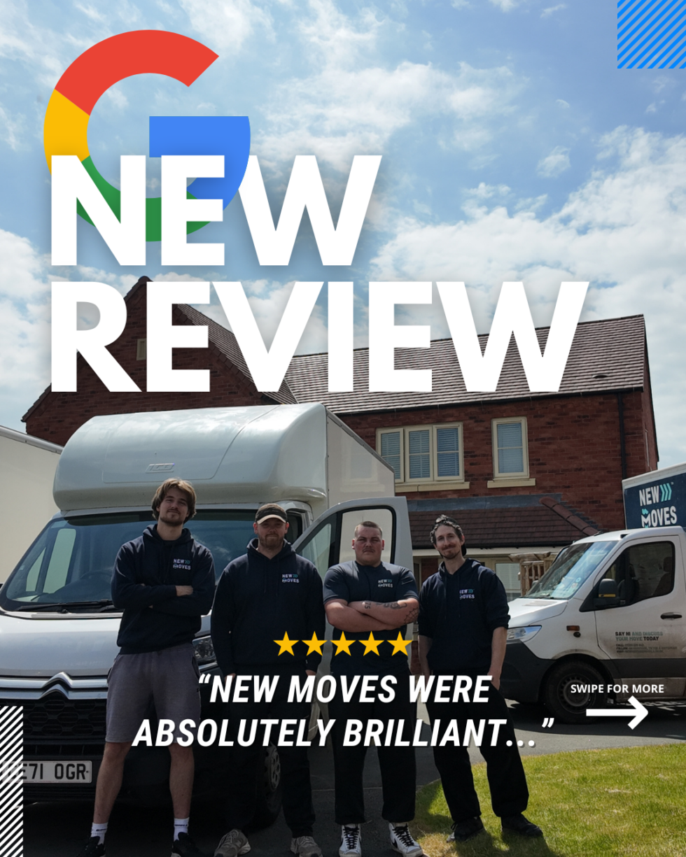 Four New Moves Removals team members standing in front of two branded removal vans outside a house, overlaid with a Google logo, five gold stars and the text 'New Review' and a quote reading 'New Moves were absolutely brilliant...'