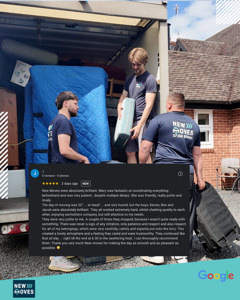 Three New Moves Removals team members loading protected furniture into the back of a removal van, overlaid with a five-star Google review from a customer identified only by the initial 'J' praising the team's patience and care