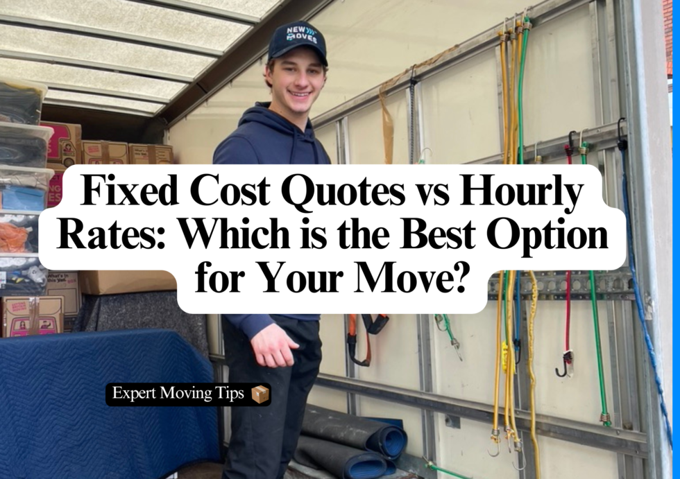 New Moves Removals team member smiling in the back of a removal van, promoting the article Fixed Cost Quotes vs Hourly Rates