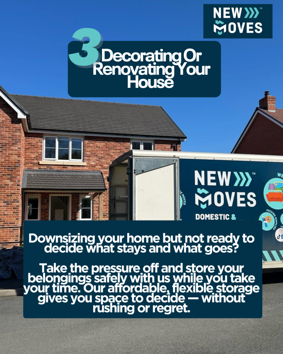 New Moves Removals van parked outside a house with its side door open, with graphic text reading '3 Decorating Or Renovating Your House'