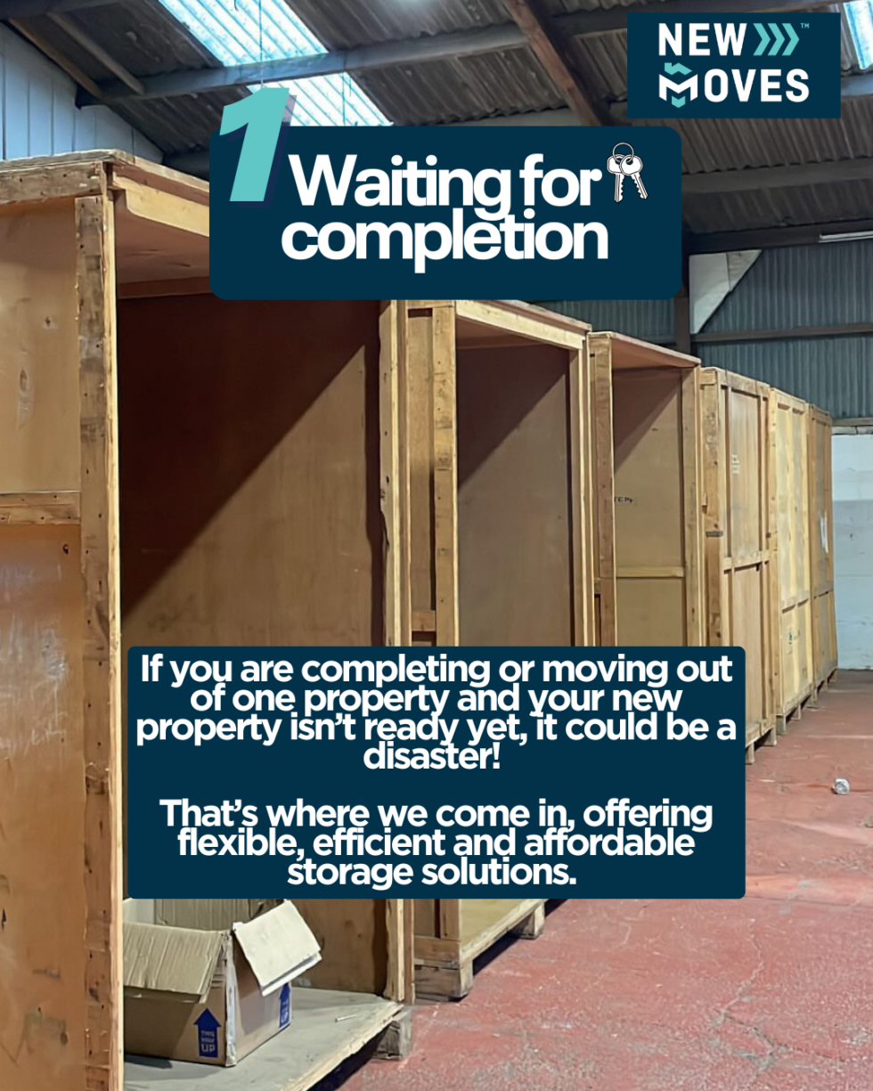 Row of wooden self-storage crates inside a New Moves Removals warehouse, with graphic text reading '1 Waiting for completion'