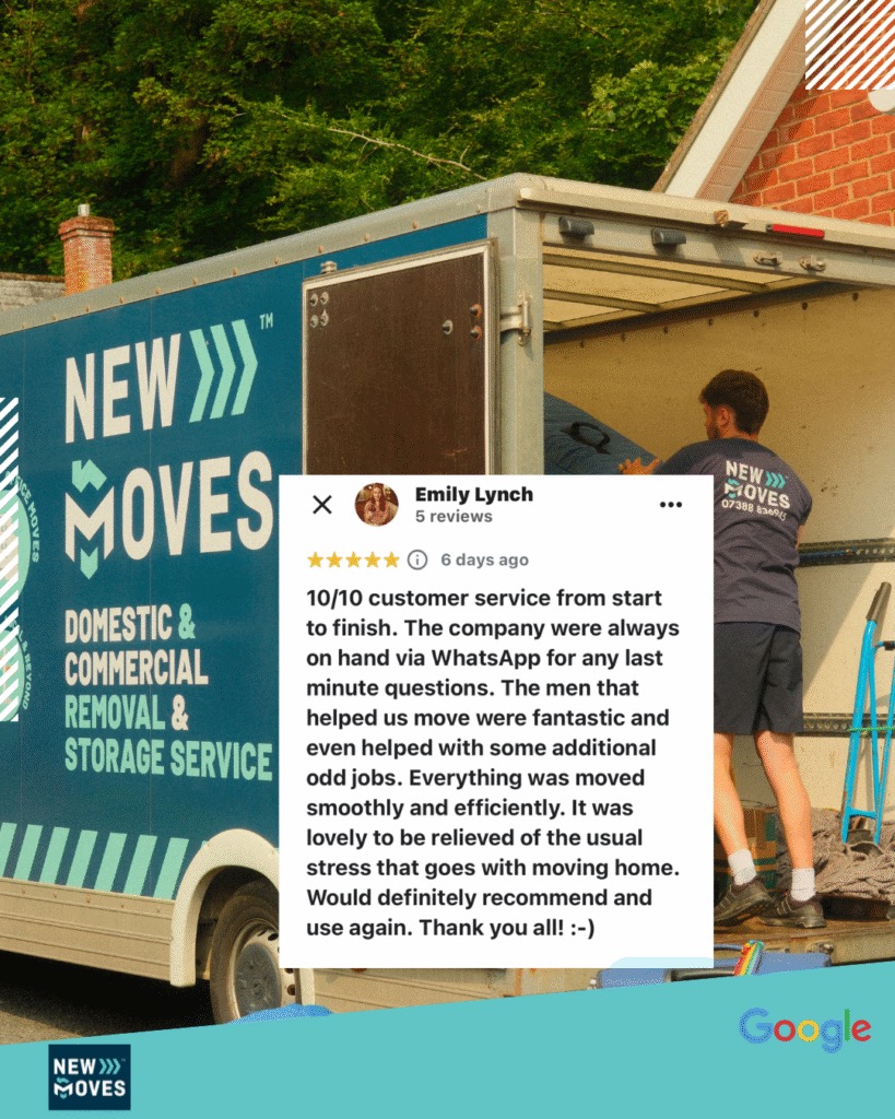 Screenshot of a 5-star Google review from Emily Lynch praising New Moves Removals' communication and service, overlaid on a photo of a team member loading a branded removal van