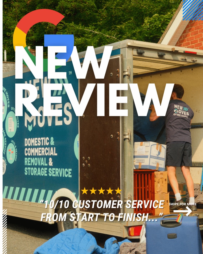 "New Review" graphic overlaid on a photo of a New Moves team member loading boxes into a branded removal van